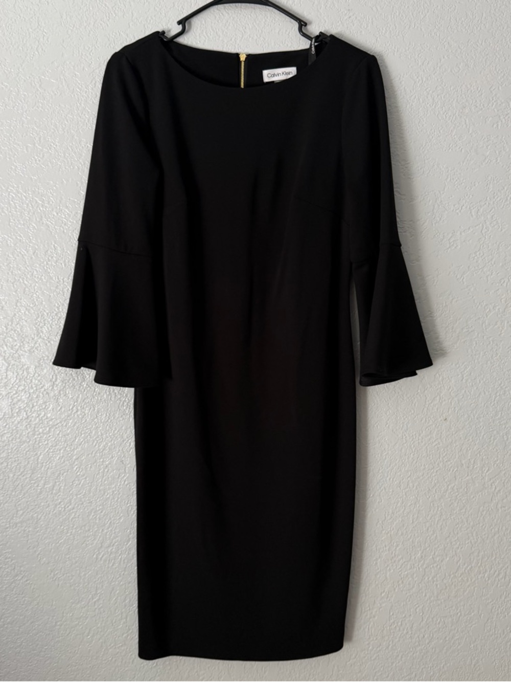 Calvin Klein Black Midi Sheath Dress with Bell Sleeves
